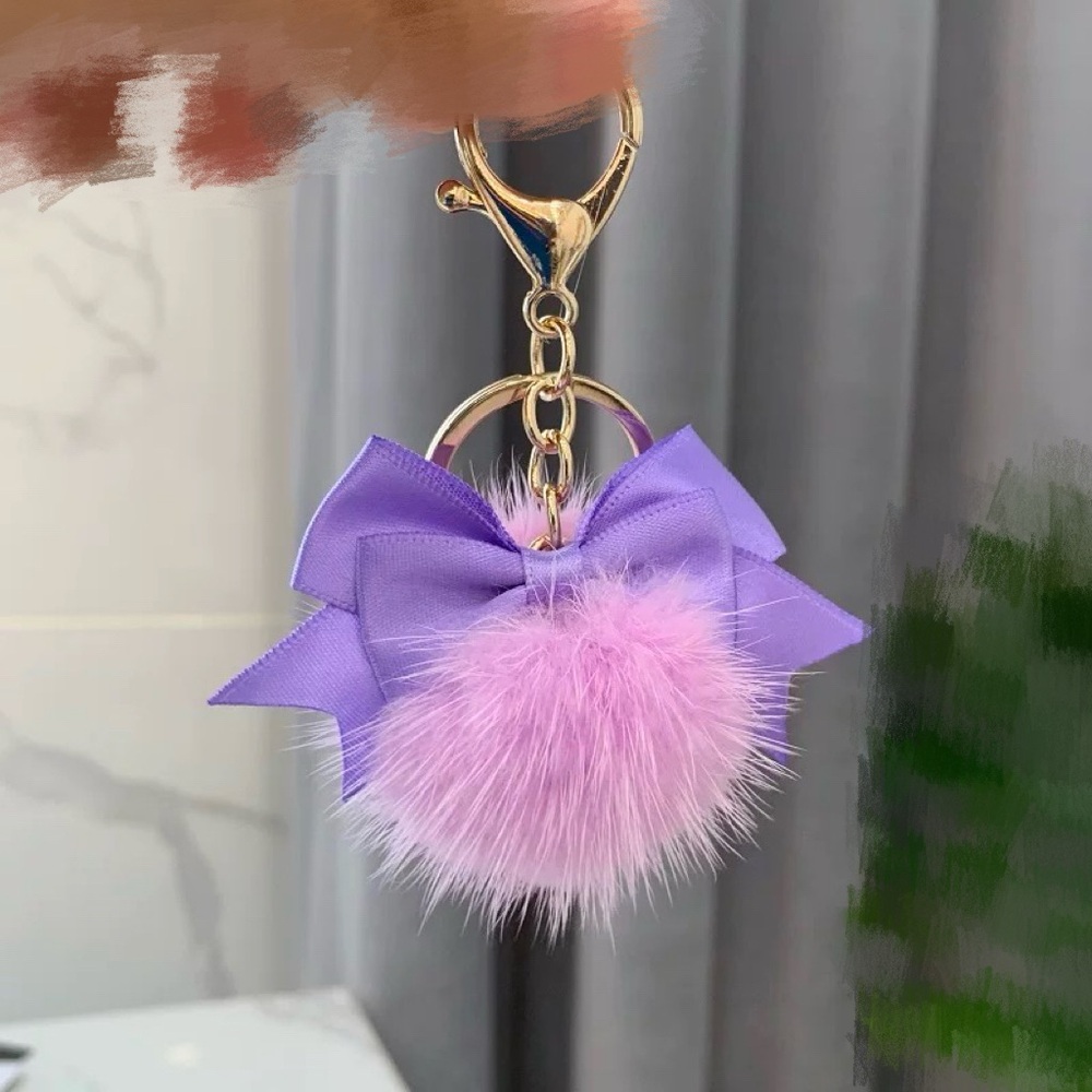 Mini Real Mink Fur Purple Pom Pom with Purple Bow Keychain Bag Charm Key Holder
